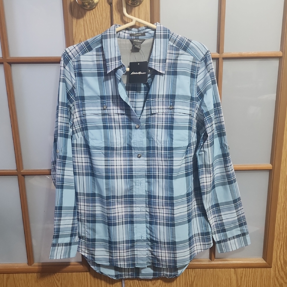Eddie Bauer Womens Long Sleeve Adventurer 3.0 Shirt Bluesmoke, Blue Plaid Size S